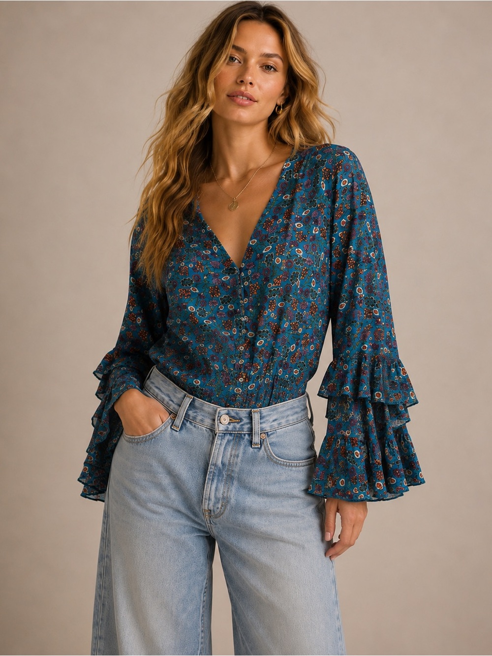 Free People Floral Pasiley Bodysuit Ruffle flare bell sleeve Size Small
